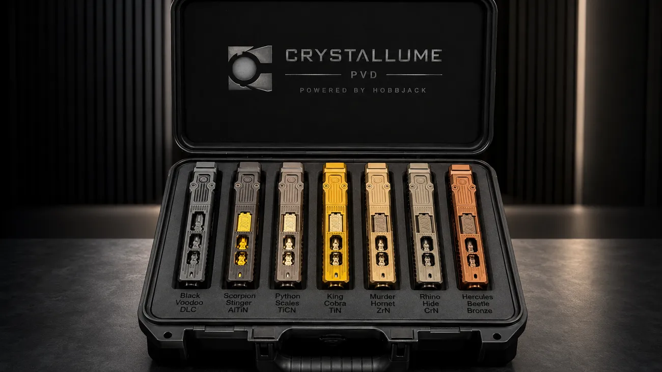 Crystallume PVD coated sample barrels showing the full coating lineup in a branded case
