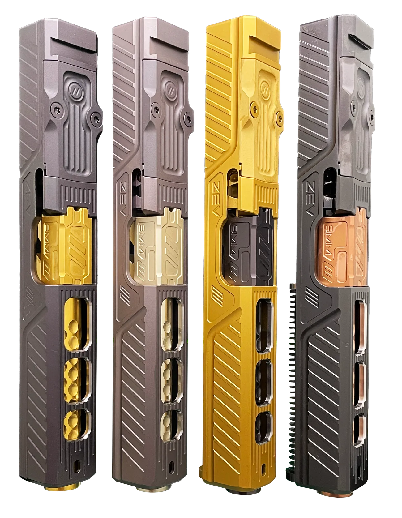 Pistol slides coated in different Crystallume PVD finishes — silver, champagne, gold, and bronze